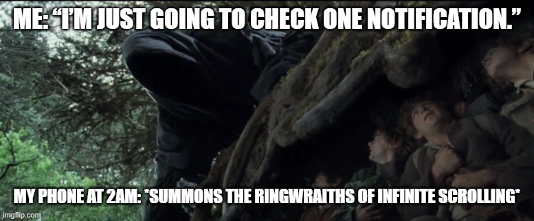 ringwraith | Me: “I’m just going to check one notification.”; My phone at 2AM: *summons the Ringwraiths of infinite scrolling* | image tagged in ringwraith | made w/ Imgflip meme maker