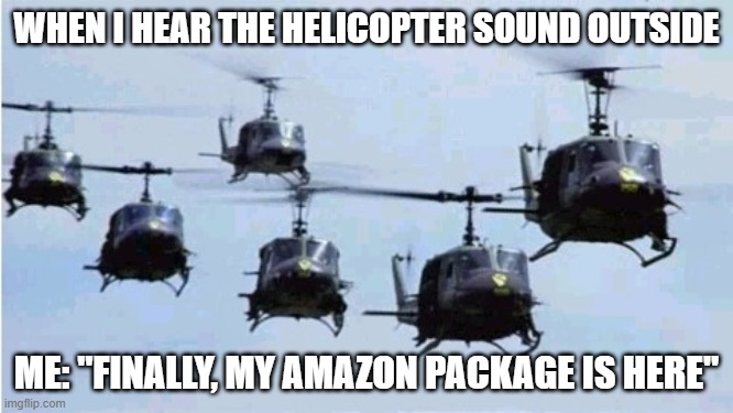 helicopters | WHEN I HEAR THE HELICOPTER SOUND OUTSIDE; ME: "FINALLY, MY AMAZON PACKAGE IS HERE" | image tagged in helicopters | made w/ Imgflip meme maker