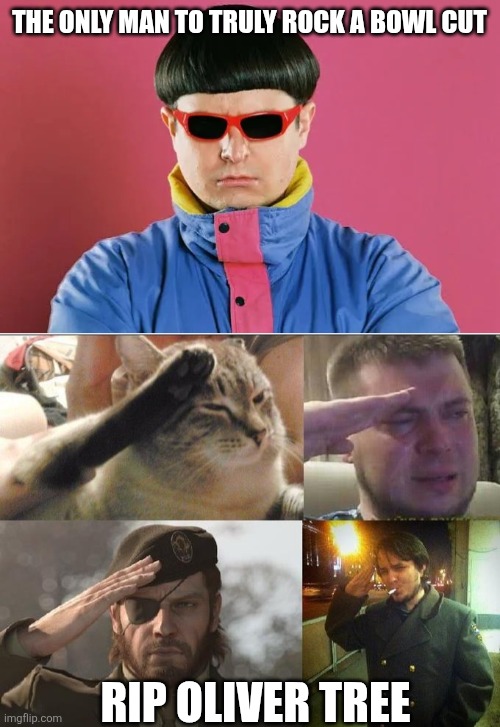 A moment of silence for a fellow human... | The only man to truly rock a bowl cut; RIP Oliver Tree | image tagged in ozon's salute | made w/ Imgflip meme maker