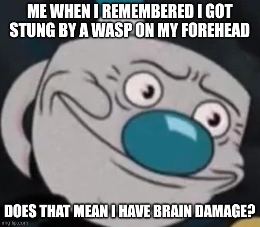 Painful memories | Me when I remembered I got stung by a wasp on my forehead; Does that mean I have brain damage? | image tagged in mugman,wasp | made w/ Imgflip meme maker