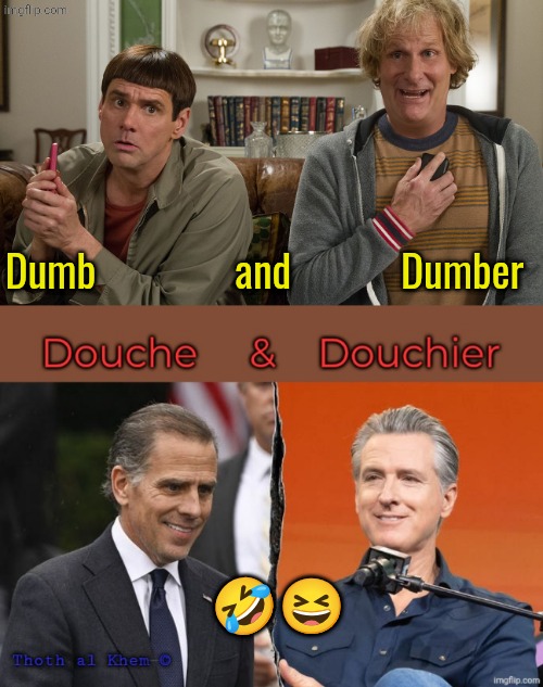 Dumb and dumber Gavin and Hunter. | Dumb              and           Dumber; 🤣😆 | image tagged in this is funny,gavin newsom,first wife ran off with don jr,second wife slept with harvey weinstein,lmfao | made w/ Imgflip meme maker