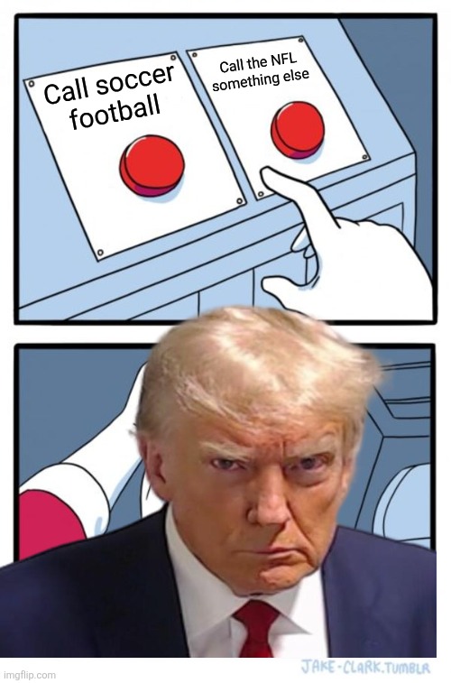 Hey maga, trump says its the real football! | Call the NFL something else; Call soccer football | image tagged in memes,two buttons | made w/ Imgflip meme maker