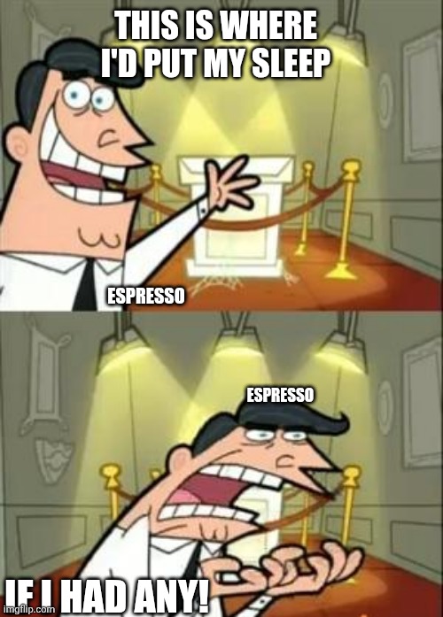 This Is Where I'd Put My Trophy If I Had One Meme | This is where I'd put my sleep; Espresso; Espresso; If I had any! | image tagged in memes,this is where i'd put my trophy if i had one,crk,espresso,sleep,espresso cookie | made w/ Imgflip meme maker