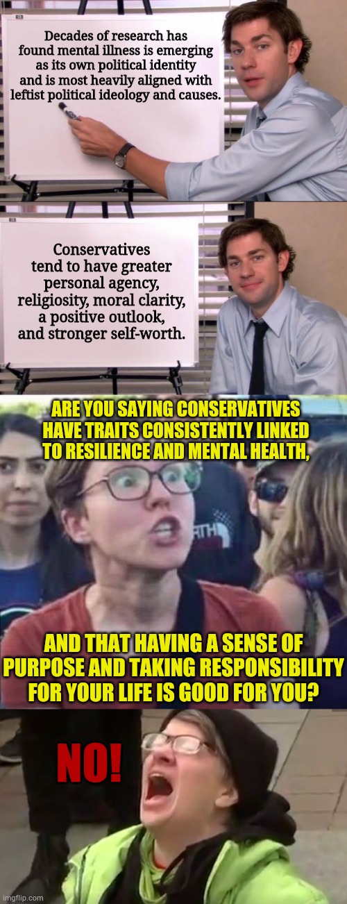Look What A New Study Has Found... | Decades of research has found mental illness is emerging as its own political identity and is most heavily aligned with leftist political ideology and causes. Conservatives tend to have greater personal agency, religiosity, moral clarity, a positive outlook, and stronger self-worth. Are you saying conservatives have traits consistently linked to resilience and mental health, And that having a sense of purpose and taking responsibility for your life is good for you? No! | image tagged in jim halpert explains,angry liberal,screaming liberal,mental health,politics,memes | made w/ Imgflip meme maker