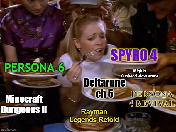 Looking forward to a lot, Can't even tag everything here | Spyro 4; Mighty Cuphead Adventure; Persona 6; Deltarune ch 5; Persona 4 Revival; Minecraft Dungeons II; Rayman Legends Retold | image tagged in gaming,persona,spyro,rayman,deltarune,cuphead | made w/ Imgflip meme maker