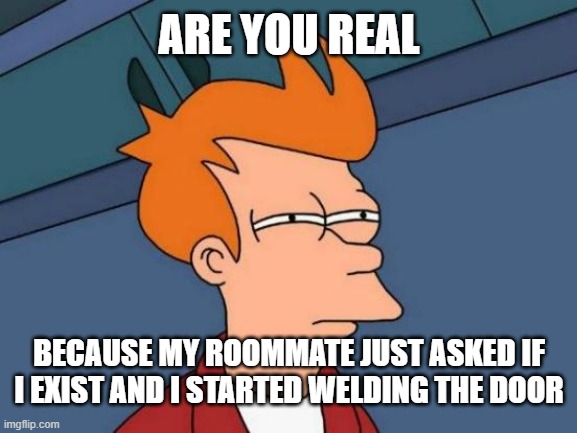 made this ai meme it suck | ARE YOU REAL; BECAUSE MY ROOMMATE JUST ASKED IF I EXIST AND I STARTED WELDING THE DOOR | image tagged in memes,futurama fry,ai | made w/ Imgflip meme maker