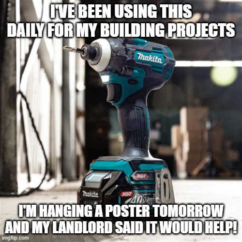 It's fun to use! | i've been using this daily for my building projects; I'M HANGING A POSTER TOMORROW AND MY LANDLORD SAID IT WOULD HELP! | image tagged in makita impact driver | made w/ Imgflip meme maker