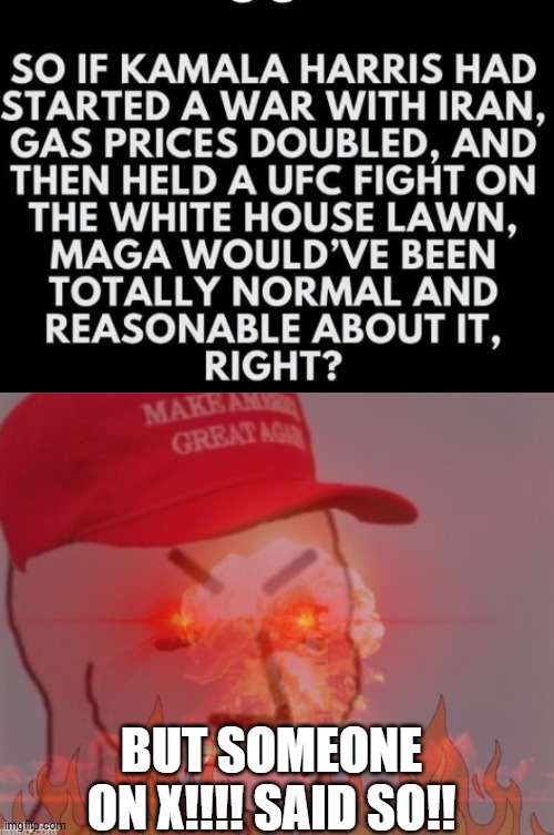 [Insert inspected image of Biden and fake high gas prices] | but someone on x!!!! said so!! | image tagged in meltdown angry maga npc | made w/ Imgflip meme maker