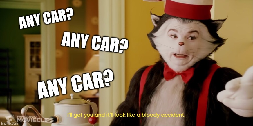 I'll get you and it'll look like a bloody accident | Any car? Any car? Any car? | image tagged in i'll get you and it'll look like a bloody accident | made w/ Imgflip meme maker