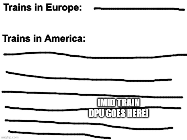 Violist's Title⁶ | Trains in Europe:; Trains in America:; [Mid Train DPU goes here] | image tagged in trains,europe,america,memes,relatable | made w/ Imgflip meme maker