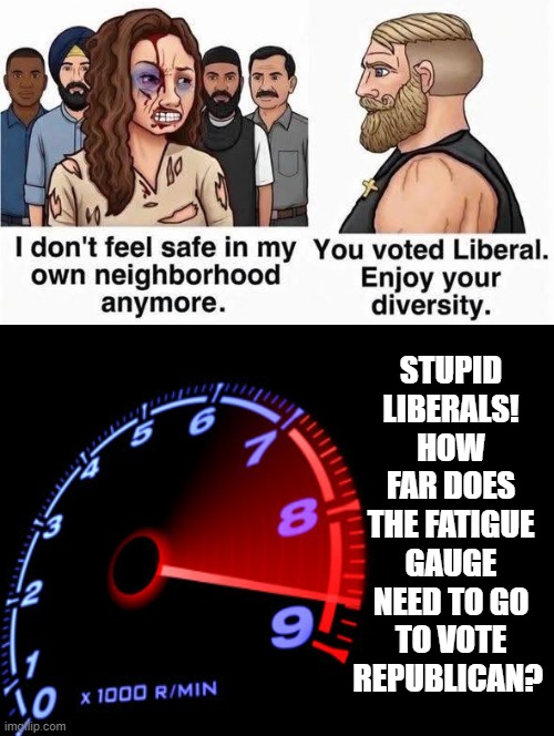 Stupid Liberals! How far does the fatigue gauge need to go to vote republican? | Stupid liberals! How far does the fatigue gauge need to go to vote republican? | image tagged in stupid liberals,sam elliott special kind of stupid | made w/ Imgflip meme maker