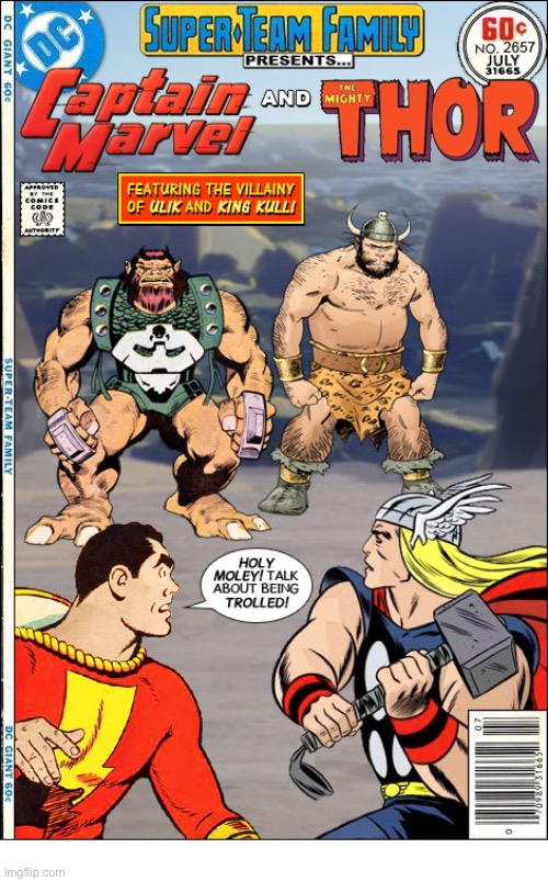 “The World’s Mightiest Mortal” and “The God of Thunder” go ‘trolling’! | image tagged in comics,captain marvel,thor,crossover,super team family,trolled | made w/ Imgflip meme maker