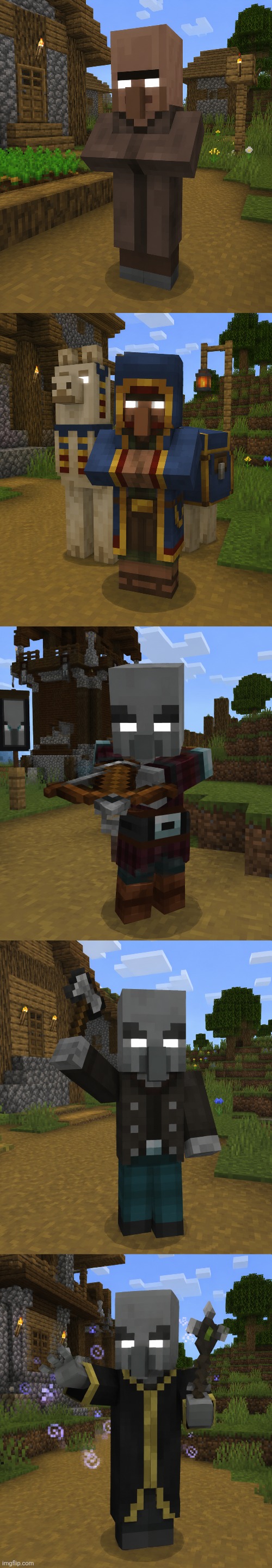 Villagerbrine, Wanderinetraderbrine, Llamabrine, Pillagerbrine, Vindicatorbrine, and Evokerbrine | image tagged in villagerbrine,wanderingtraderbrine and llamabrine,pillagerbrine,vindicatorbrine,evokerbrine | made w/ Imgflip meme maker