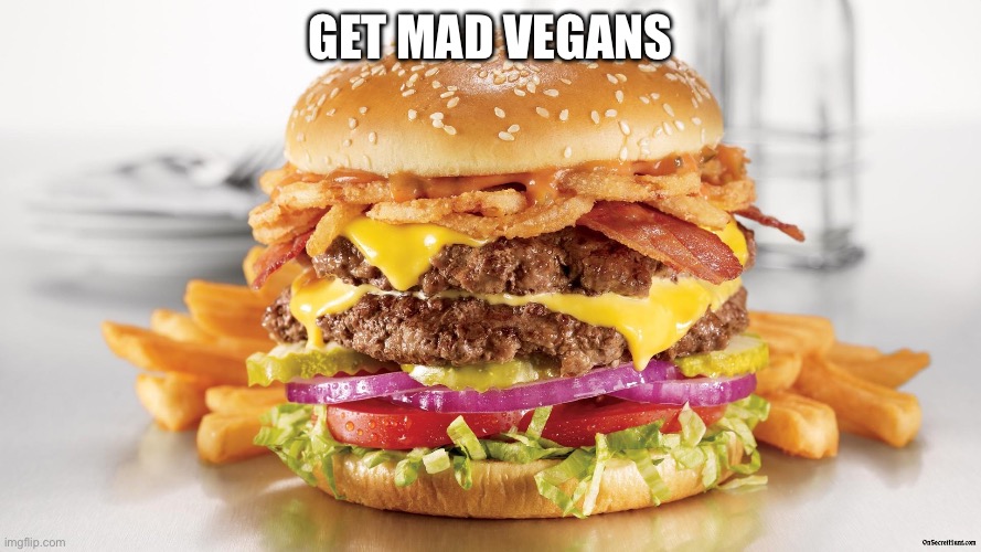 Making Vegans Mad With Burger | Get Mad Vegans | image tagged in burger fries,burger matter more than lifestock life,anti vegan,funny,burger | made w/ Imgflip meme maker