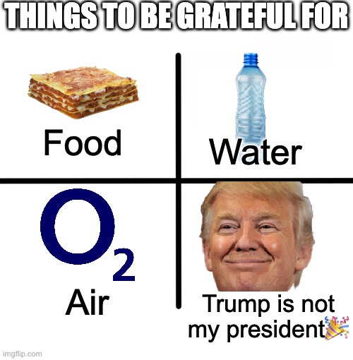 Things to be grateful for | things to be grateful for; Food; Water; Air; Trump is not my president🎉 | image tagged in memes,blank starter pack | made w/ Imgflip meme maker