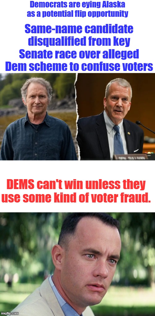 SCAM Fraud be thy name. | Democrats are eying Alaska as a potential flip opportunity; Same-name candidate disqualified from key Senate race over alleged Dem scheme to confuse voters; DEMS can't win unless they use some kind of voter fraud. | image tagged in memes,and just like that | made w/ Imgflip meme maker