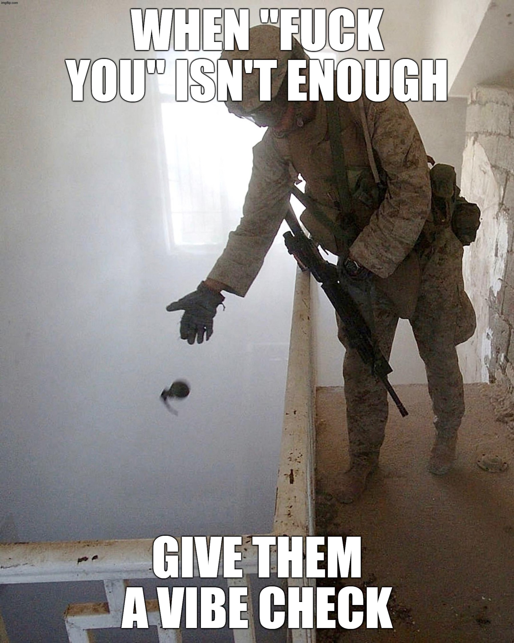 Recommendation | When ''fuck you'' isn't enough; Give them a vibe check | image tagged in marine dropping a grenade in fallujah | made w/ Imgflip meme maker