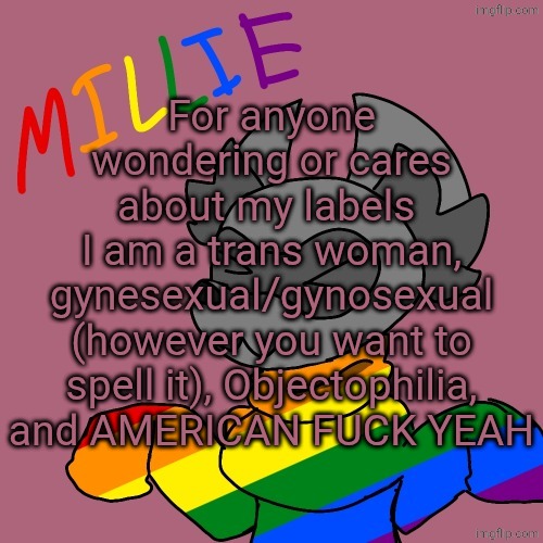 Millie's fursona announcement template | For anyone wondering or cares about my labels 
I am a trans woman, gynesexual/gynosexual (however you want to spell it), Objectophilia, and AMERICAN FUCK YEAH | image tagged in millie's fursona announcement template | made w/ Imgflip meme maker