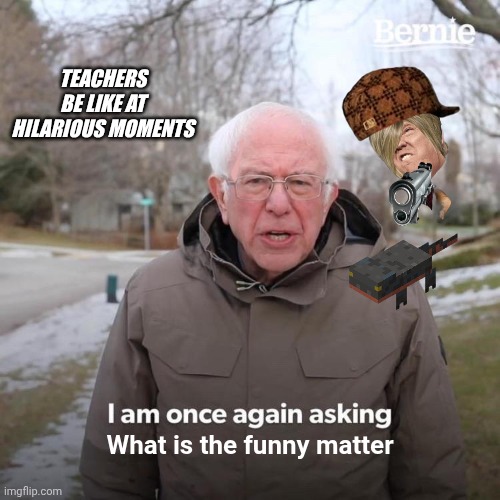 Bernie I Am Once Again Asking For Your Support | Teachers be like at hilarious moments; What is the funny matter | image tagged in memes,bernie i am once again asking for your support | made w/ Imgflip meme maker