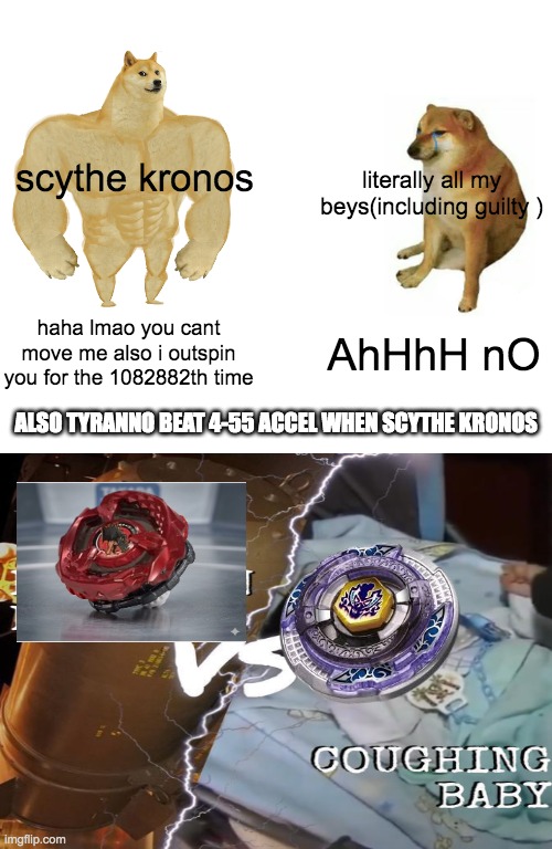 im not kidding(sorry for the low quality tyranno beat 4-55 accel i cant take good photo) | scythe kronos; literally all my beys(including guilty ); haha lmao you cant move me also i outspin you for the 1082882th time; AhHhH nO; also tyranno beat 4-55 accel when scythe kronos | image tagged in memes,buff doge vs cheems,beyblade,tank,switch | made w/ Imgflip meme maker