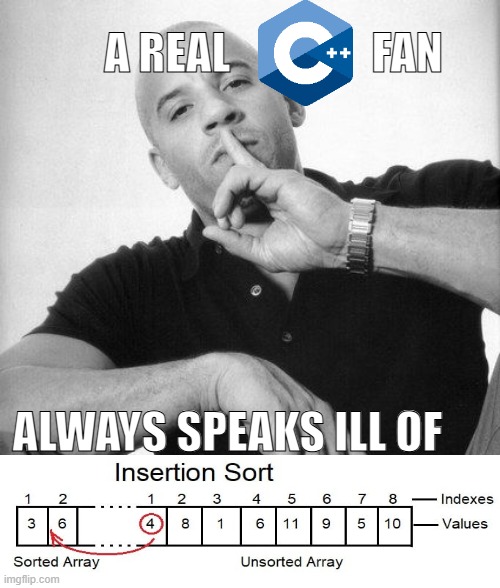 A real C++ fan always speaks ill of insertion sort | a real                fan; always speaks ill of | image tagged in programming,insertion sort,shitposting,i am eating chicken noodles while posting this,c pluh pluh | made w/ Imgflip meme maker