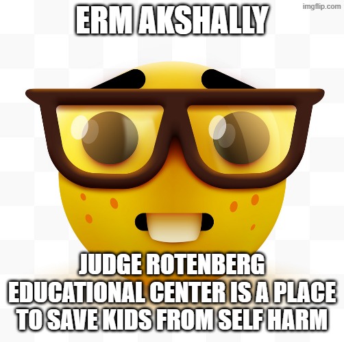 anyone who supports Judge Rotenberg Center or is a staff member is an instant degenerate | ERM Akshally; judge rotenberg educational center is a place to save kids from self harm | image tagged in nerd emoji,torture,child abuse,nerd,satire | made w/ Imgflip meme maker