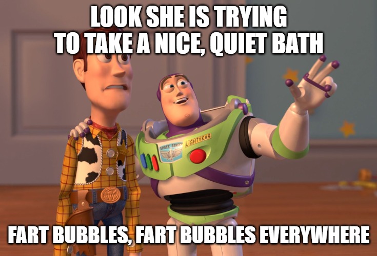 X, X Everywhere | look she is TRYING TO TAKE A NICE, QUIET BATH; FART BUBBLES, FART BUBBLES EVERYWHERE | image tagged in memes,x x everywhere | made w/ Imgflip meme maker