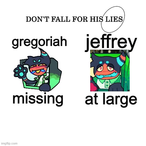 Imma be honest, the gregoriah redesign was NOT needed | gregoriah; jeffrey; missing; at large | image tagged in don't fall for his lies | made w/ Imgflip meme maker