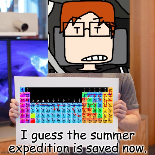 But MC will get in different taxis instead of his parents or uncle's car in the 28-state journey. | I guess the summer expedition is saved now. | image tagged in mark zuckerberg blank sign,mc,moscovio may,expedition,periodic table | made w/ Imgflip meme maker