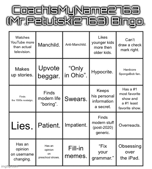 My bingo. | CoachIsMyName2763 (Mr.Petutski2763) Bingo. Manchild. Anti-Manchild. Can’t draw a check mark right. Watches YouTube more than actual television. Likes younger kids more then older kids. Upvote beggar. “Only in Ohio”. Hypocrite. Makes up stories. Hardcore SpongeBob fan. Finds modern life “boring”. Swears. Keeps his personal information a secret. Has a #1 most favorite show and a #1 least favorite show. Finds the 1500s nostalgic. Patient. Impatient. Lies. Finds modern stuff (post-2020) generic. Overreacts. Has an opinion on username changing. Has an opinion on preschool shows. Fill-in memes. “Fix your grammar.”; Obsessing over the iPad. | image tagged in blank five by five bingo grid | made w/ Imgflip meme maker