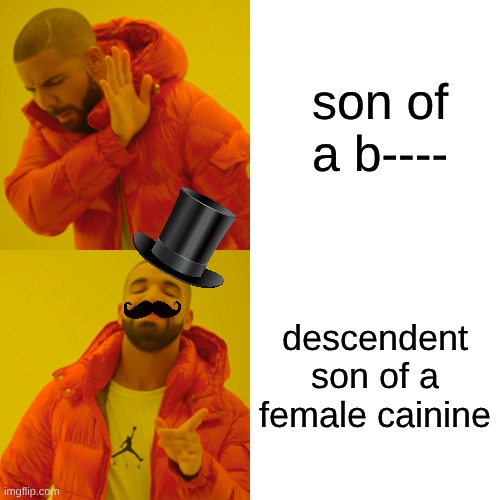 (: | son of a b----; descendent son of a female cainine | image tagged in memes,drake hotline bling | made w/ Imgflip meme maker