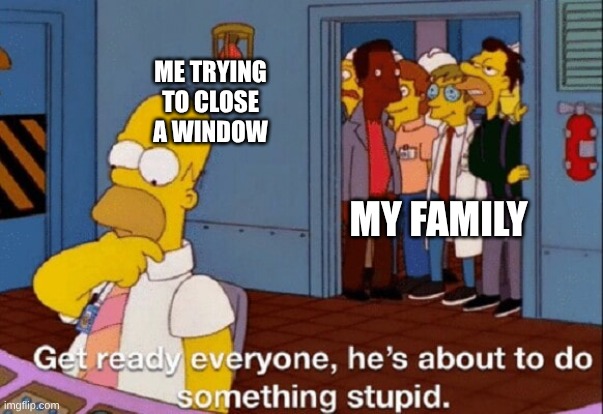 He's about to do something stupid | me trying to close a window; my family | image tagged in he's about to do something stupid | made w/ Imgflip meme maker