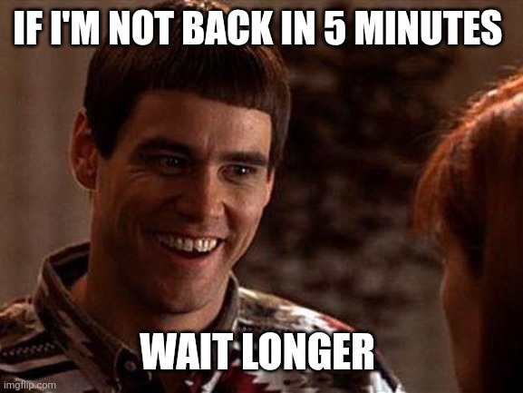 Wait Longer | If I'm not back in 5 minutes; Wait longer | image tagged in dumb and dumber,funny memes | made w/ Imgflip meme maker