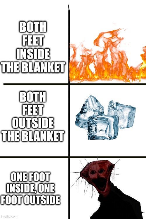 One second d it’s cold, the other hot, and the other has a sleep paralysis demon | Both feet outside the blanket; Both feet inside the blanket; One foot inside, one foot outside | image tagged in funny,sleep,relatable | made w/ Imgflip meme maker
