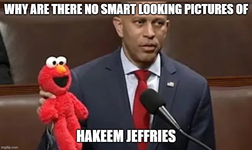 Hakeem Jeffries and Elmo | why are there no smart looking pictures of; hakeem jeffries | image tagged in hakeem jeffries and elmo | made w/ Imgflip meme maker