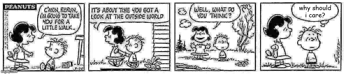 Why should HE care | why should i care? | image tagged in lucy van pelt,rerun van pelt | made w/ Imgflip meme maker