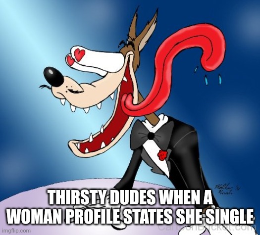 Love wolf | Thirsty dudes when a woman profile states she single | image tagged in wolf in love | made w/ Imgflip meme maker