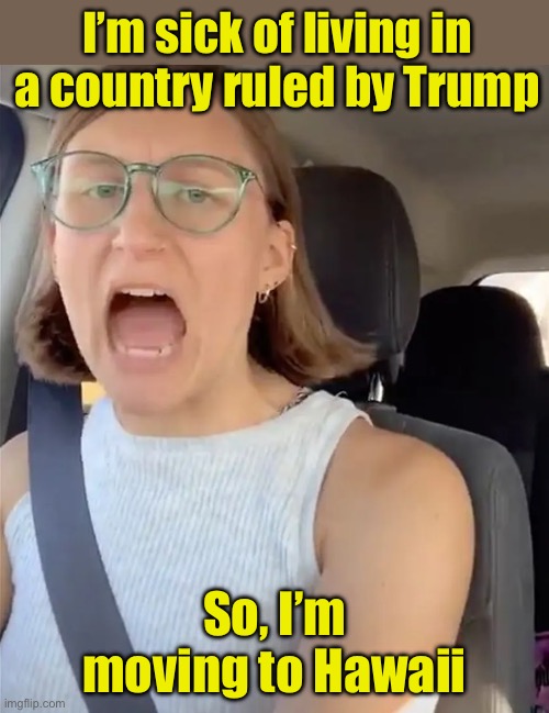 She plans to move there with a U-Haul truck | I’m sick of living in a country ruled by Trump; So, I’m moving to Hawaii | image tagged in unhinged liberal lunatic idiot woman meltdown screaming in car,tds,liberal logic | made w/ Imgflip meme maker