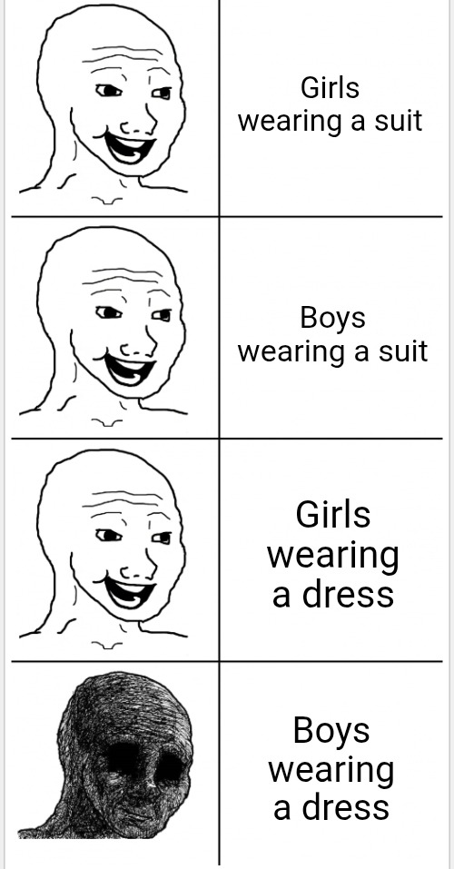 no fair | Girls wearing a suit; Boys wearing a suit; Girls wearing a dress; Boys wearing a dress | image tagged in boys vs girls,boys,girls,suit,dress,clothes | made w/ Imgflip meme maker