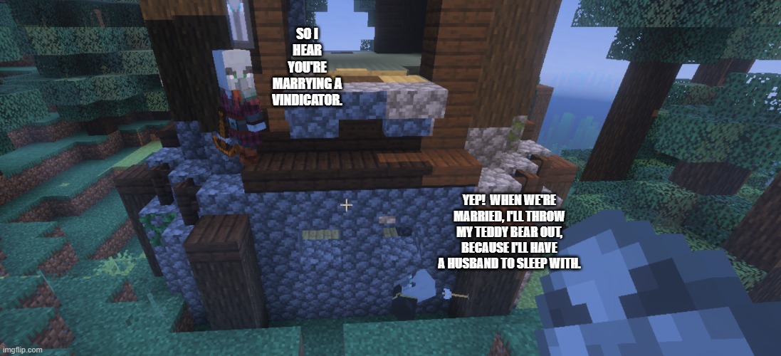 Illagers | so i hear you're marrying a vindicator. yep!  when we're married, i'll throw my teddy bear out, because i'll have a husband to sleep with. | image tagged in illagers | made w/ Imgflip meme maker