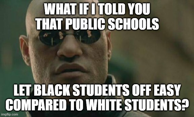 Public Schools let black students off easy | WHAT IF I TOLD YOU
THAT PUBLIC SCHOOLS; LET BLACK STUDENTS OFF EASY
COMPARED TO WHITE STUDENTS? | image tagged in memes,matrix morpheus,public,schools,discipline,academics | made w/ Imgflip meme maker
