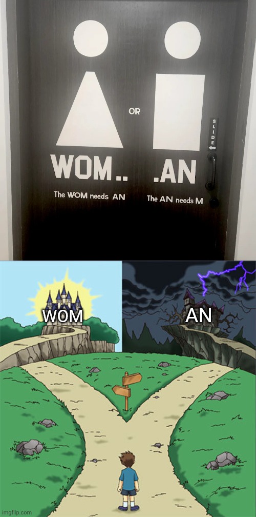 That restroom door layout | AN; WOM | image tagged in two paths,layout,door,restroom,memes,you had one job | made w/ Imgflip meme maker