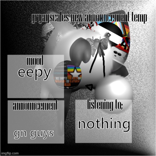 grayscale new announcement template | eepy; gn guys; nothing | image tagged in grayscale new announcement template | made w/ Imgflip meme maker