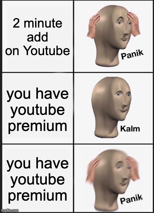 true | 2 minute add on Youtube; you have youtube premium; you have youtube premium | image tagged in memes,panik kalm panik | made w/ Imgflip meme maker