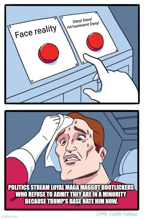 I have the luxury of knowing this because I'm not American and I don't live in your shitty country. | Deny! Deny! Ad hominem! Deny! Face reality; Politics stream loyal Maga maggot bootlickers 
who refuse to admit they are in a minority 
because Trump's base hate him now. | image tagged in memes,two buttons | made w/ Imgflip meme maker