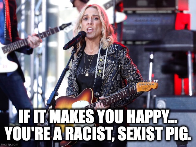 Sheryl Crow Has TDS | if it makes you happy...
you're a racist, sexist pig. | image tagged in image 146 jpeg | made w/ Imgflip meme maker