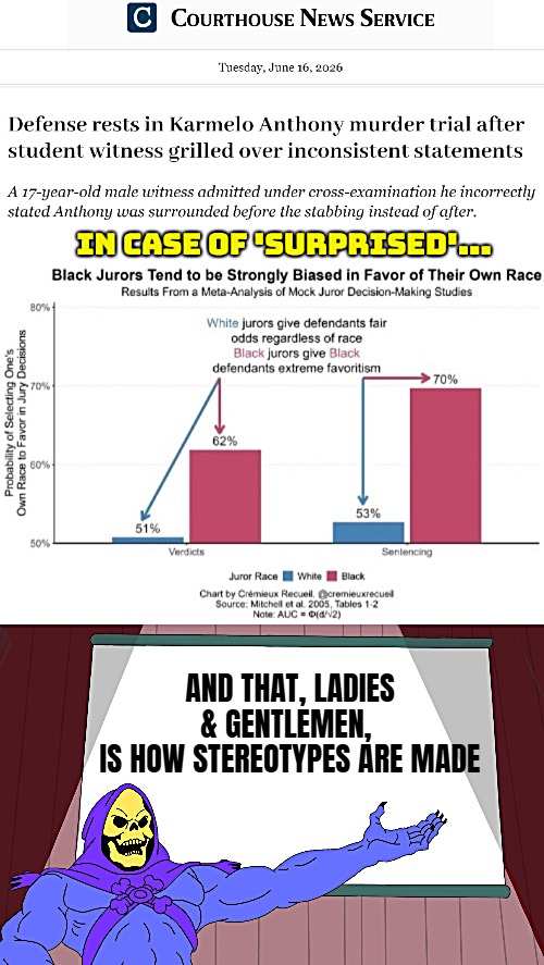 Also why black jurors disqualified. They openly expressed their predetermined decision | And that, ladies & gentlemen, 
is how stereotypes are made | image tagged in skeletor presents,crime,politics,black people | made w/ Imgflip meme maker