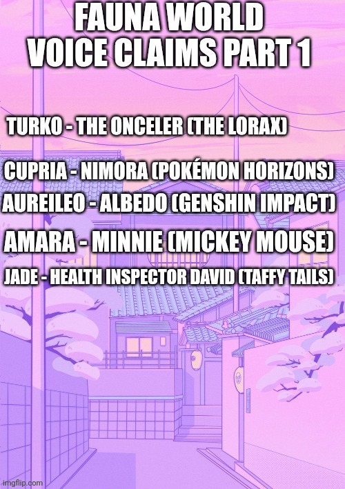 Fauna World voice claims part 1: Beats | Aureileo - Albedo (Genshin Impact); Amara - Minnie (Mickey Mouse); Jade - Health Inspector David (Taffy Tails) | image tagged in fauna world,voice claims | made w/ Imgflip meme maker