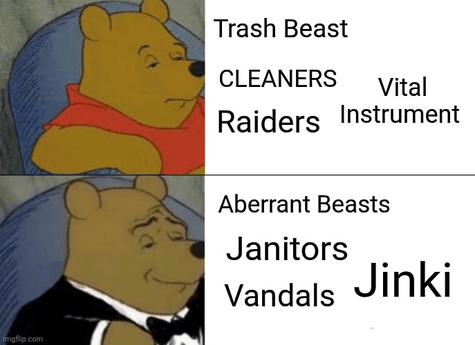 Gachiakuta Moment | Trash Beast; Vital Instrument; Cleaners; Raiders; Aberrant Beasts; Janitors; Jinki; Vandals | image tagged in memes,tuxedo winnie the pooh,gachiakuta,anime meme,funny,lol | made w/ Imgflip meme maker