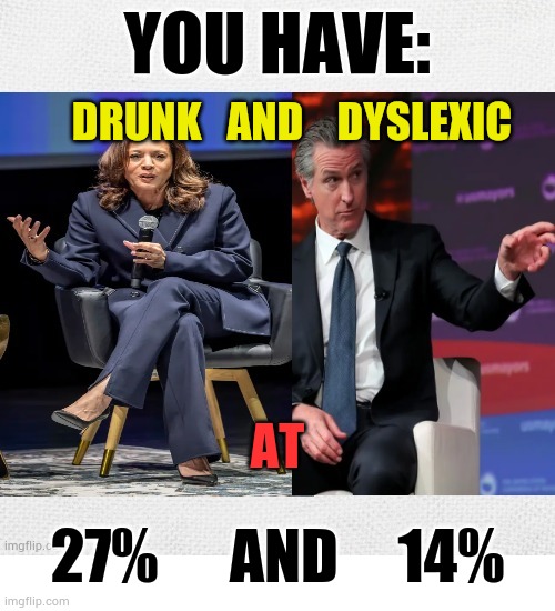 From The Latest Center Square Voters’ Voice Poll For President Of Left-leaning Voters | You have:; Drunk   And    dyslexic; At; 27%      And     14% | image tagged in memes,polls,kamala harris,drunk,gavin newsom,dyslexic | made w/ Imgflip meme maker